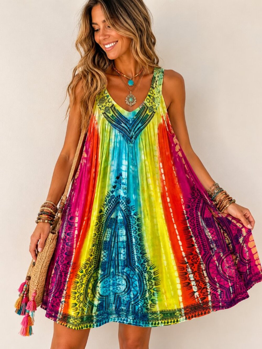 RR Hawaii Resort Tie Dye Rayon Beach Cover Up M Boho Vacation Tunic Dress